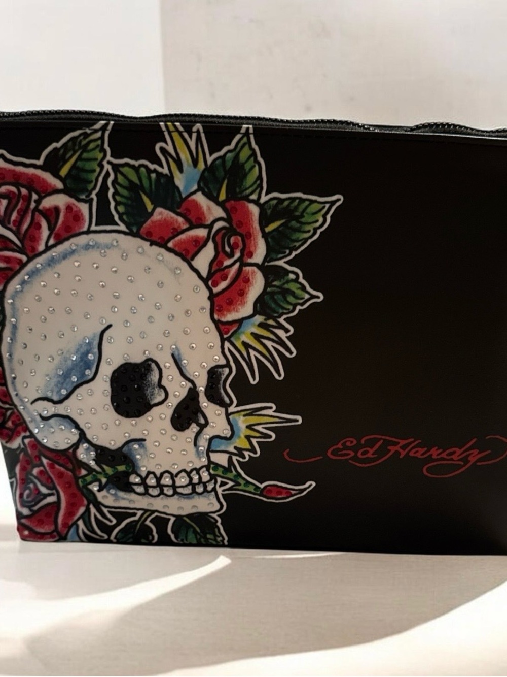 Ed Hardy Black Skull & Rose Cosmetic Pouch with Rhinestones
